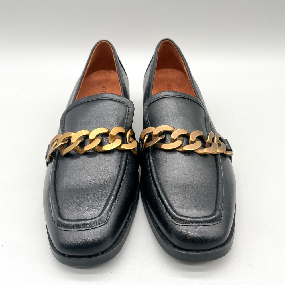 Vionic Black Leather Loafers with Brass Chain Accent - Picture 4 of 12